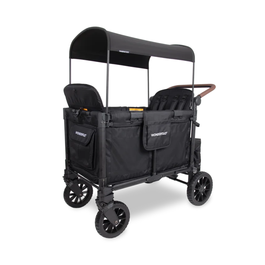 WonderFold W4 Luxe Pro stroller wagon in Jet Black with canopy