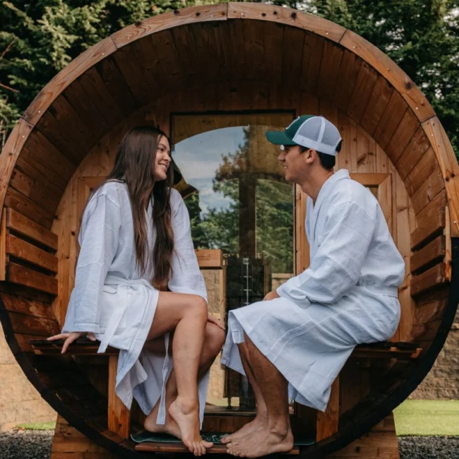 redwood outdoors couple in sauna